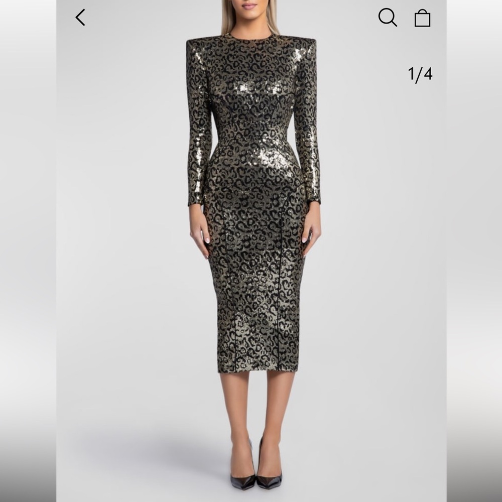 ZHIVAGO Testimony Gold and Black Sequin Animal Print Midi Bodycon Dress
